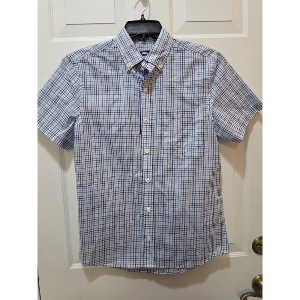 IZOD Men's Breeze Short Sleeve Plaid Button Down Shirt Blue White Size Small